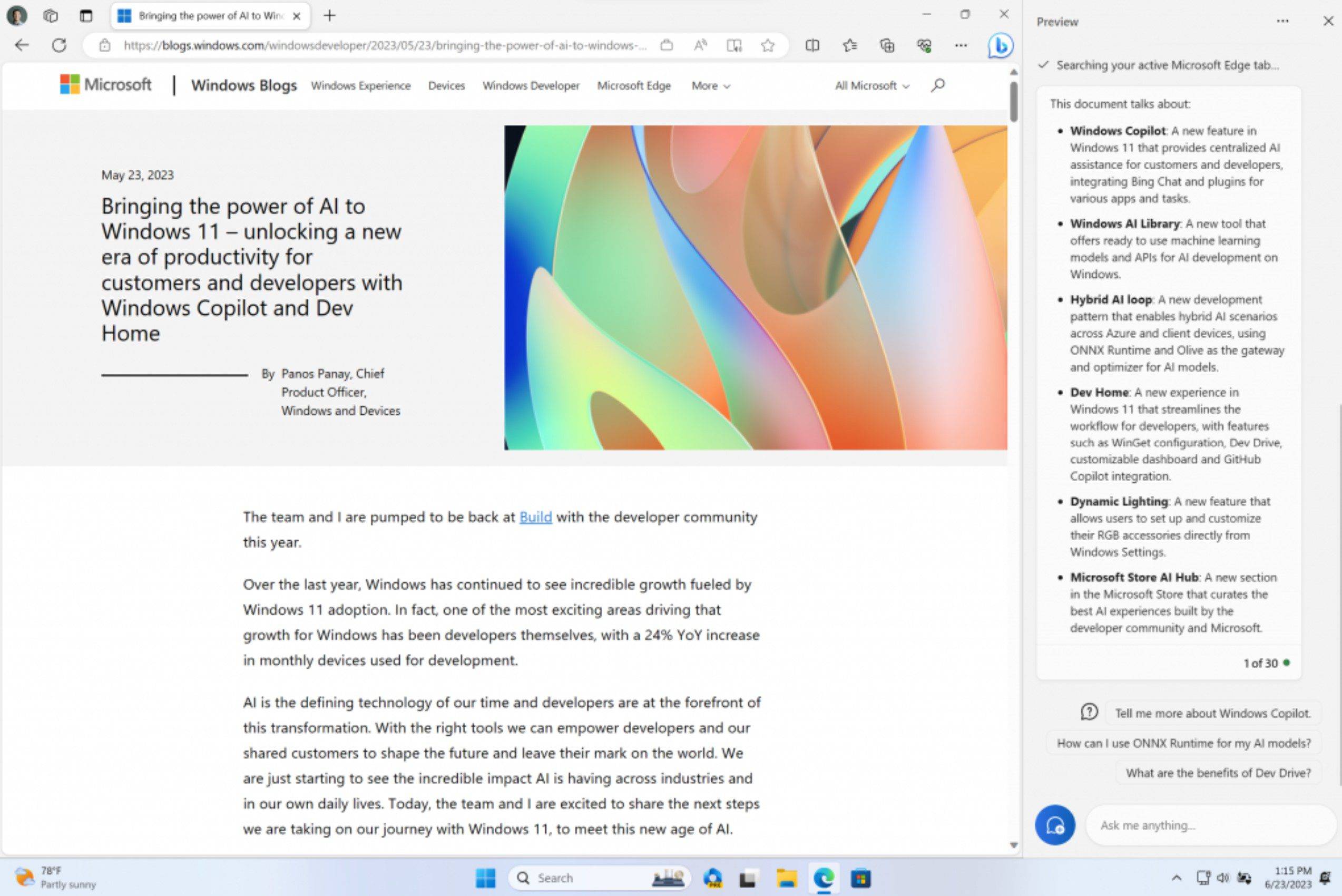 Windows Copilot 扩展现已进入 Windows 11 预览体验成员的 Beta 频道中，Microsoft 宣布