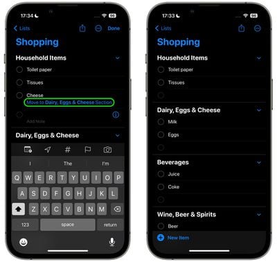 iOS 17:如何在提醒应用程序中对杂货进行排序